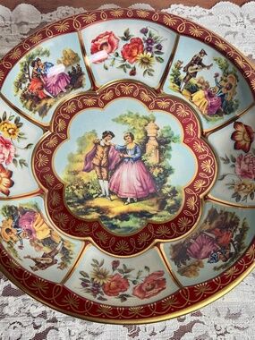 Vintage 1971 Daher England Romantic Floral Metal Bowl Tray Gold Burgundy Decor